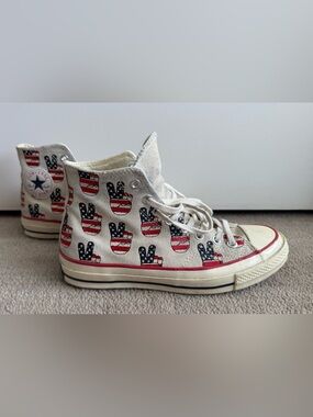 Converse High-Top Sneakers in White with Red & Blue Peace Print
